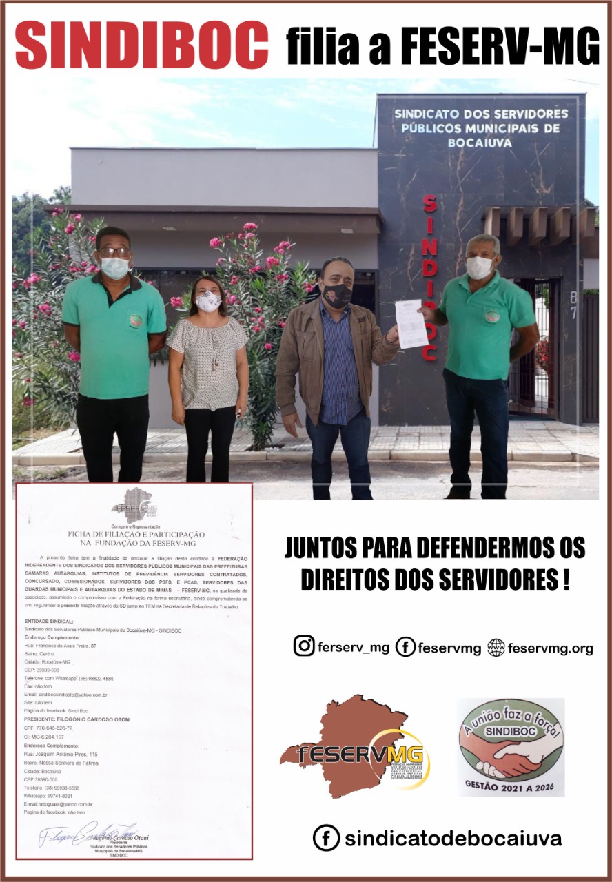 SINDIBOC entrega ficha de filiação a FESERV-MINAS, e destaca o trabalho feito pela Federação. 